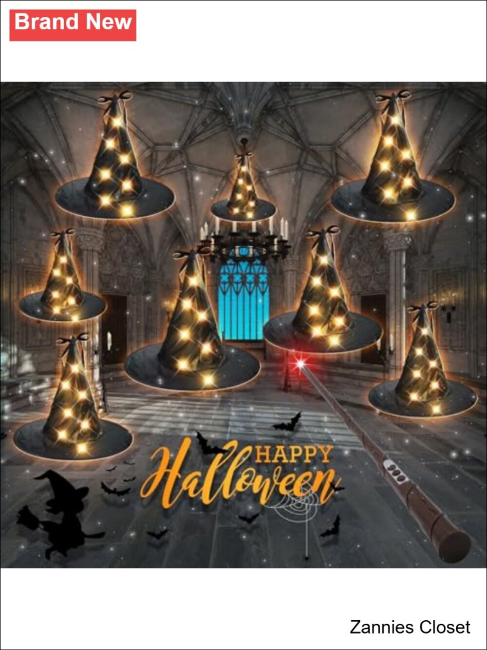 👻 8pc Lighted Hanging Witch Hats String Lights with Magic Wand Remote, 5